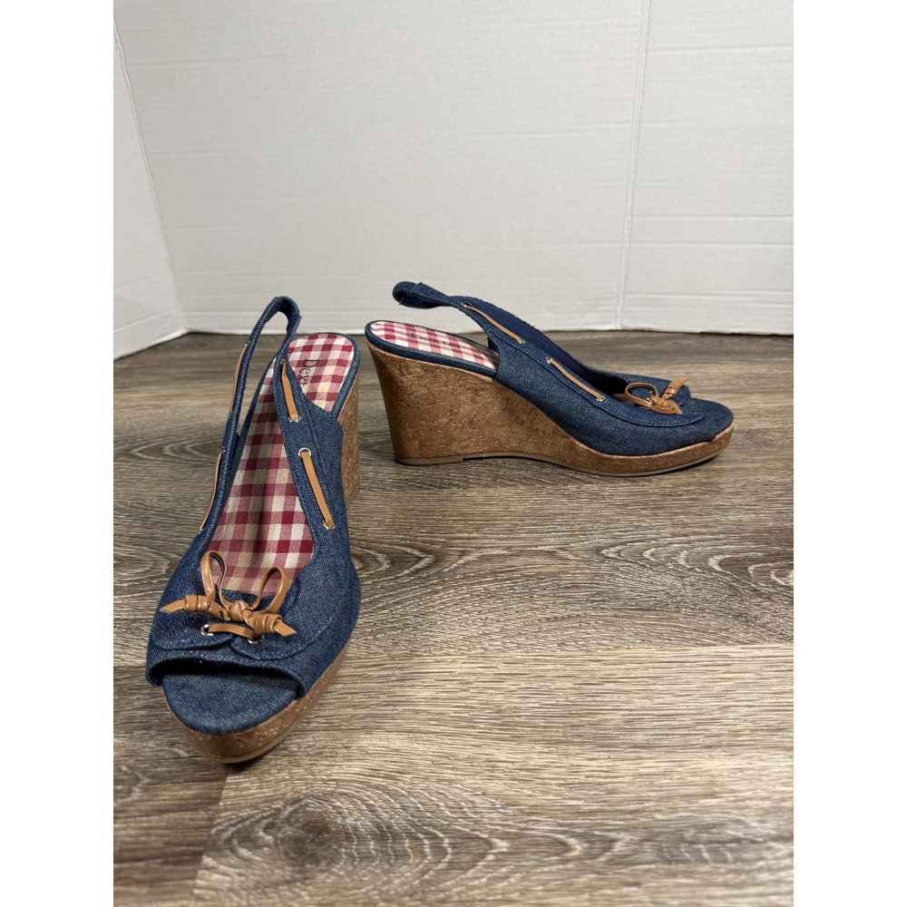 Dexter Womens Blue Denim Cork Wedge Slingback Sandals Gingham Lining Size 10